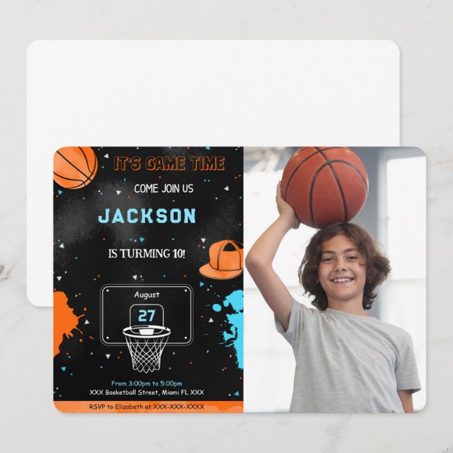 Invitation Carton d'invitation photo d'anniversaire de basket (Devant / Derrière)