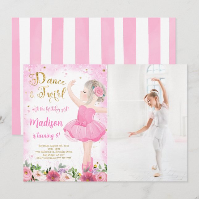 Invitation Carton d'invitation photo de ballerina dorée  (Devant / Derrière)