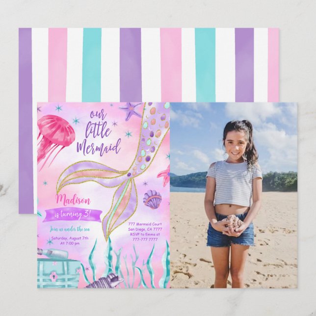 Invitation Carton d'invitation photo de sirène à l'aquarelle (Devant / Derrière)