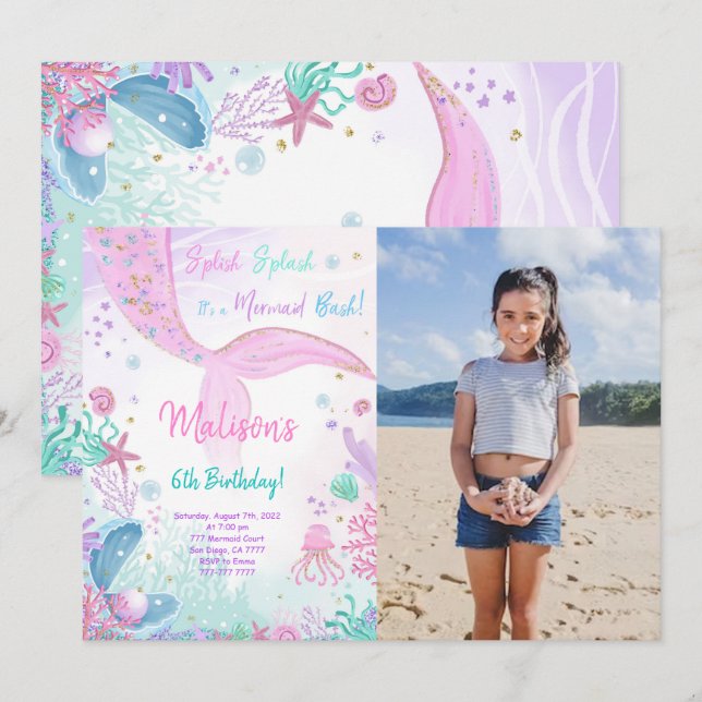 Invitation Carton d'invitation pour les 6 ans thème Sirène av (Devant / Derrière)