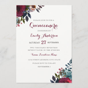Invitation Carton d'invitation Quinceanera à motif floral aqu