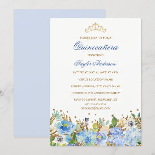 Invitation Carton d'invitation Quinceanera floral bleu scinti