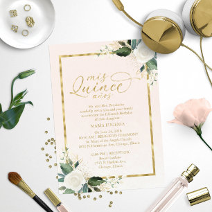 Invitation Carton d'invitation Quinceanera Rose Doré Feuille