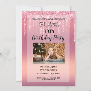 Invitation Carton d'invitation rose avec paillettes qui coule