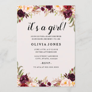Invitation Carton d'invitation rose burgundy floral pour Baby