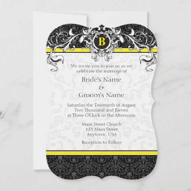 Invitation Cartons de mariage à monogramme en damas jaune et  (Devant)