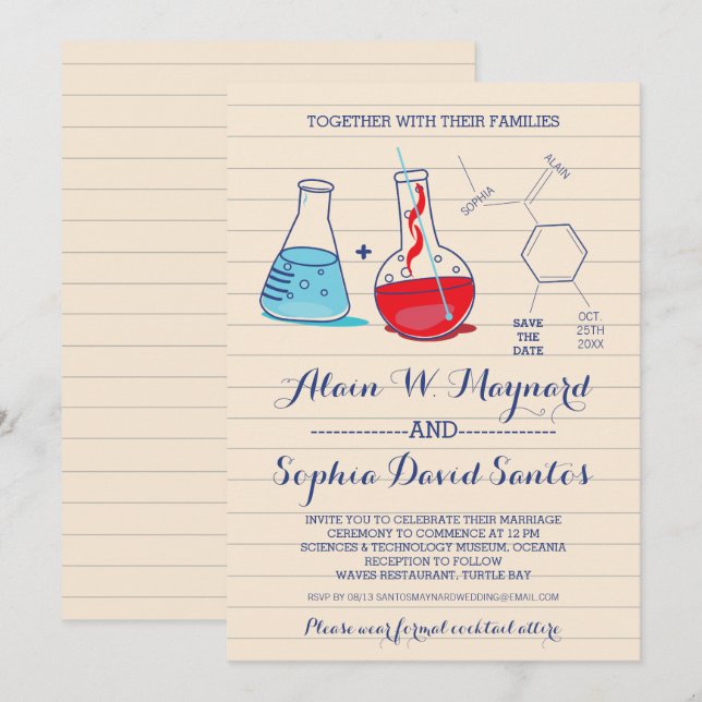 Invitation Cartons de Mariage Chimie Rouge et Bleu (Devant / Derrière)