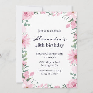 Invitation Cartons d'invitation 48 ans avec cadre floral rose