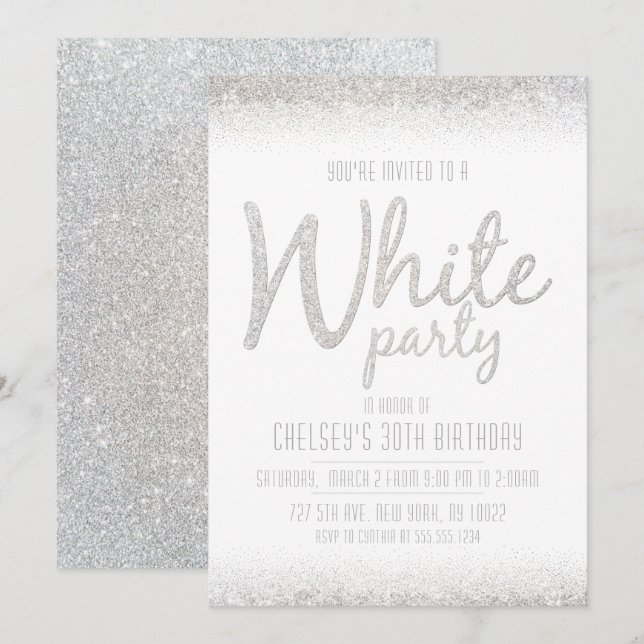 Invitation Cartons d'invitation à la fête blanc scintillant e (Devant / Derrière)