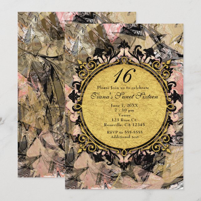 Invitation Cartons d'invitation à la fête Rose Noir & Or à To (Devant / Derrière)