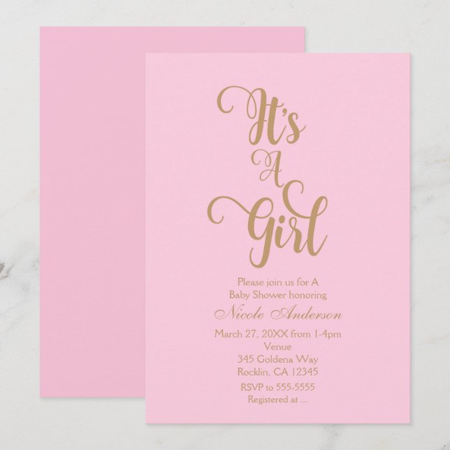 Invitation Cartons d'invitation Baby Shower Rose et Or C'est  (Devant / Derrière)