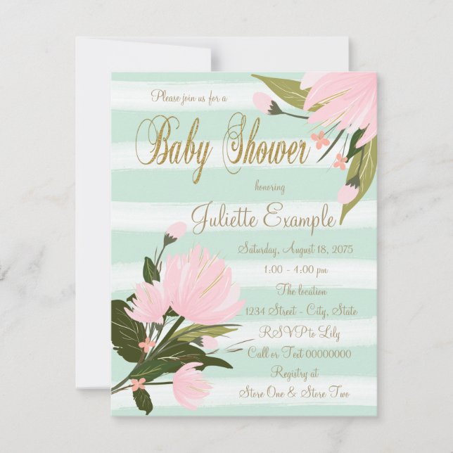 Invitation Cartons d'invitation Baby Shower Rose Menthe et Or (Devant)