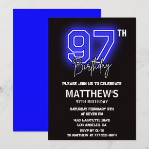 Invitation Cartons d'invitation d'anniversaire 97 ans Neon Bl