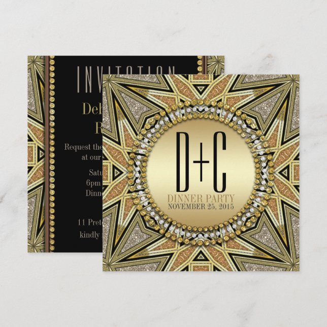 Invitation Cartons d'invitation de dîner dorés et scintillant (Devant / Derrière)