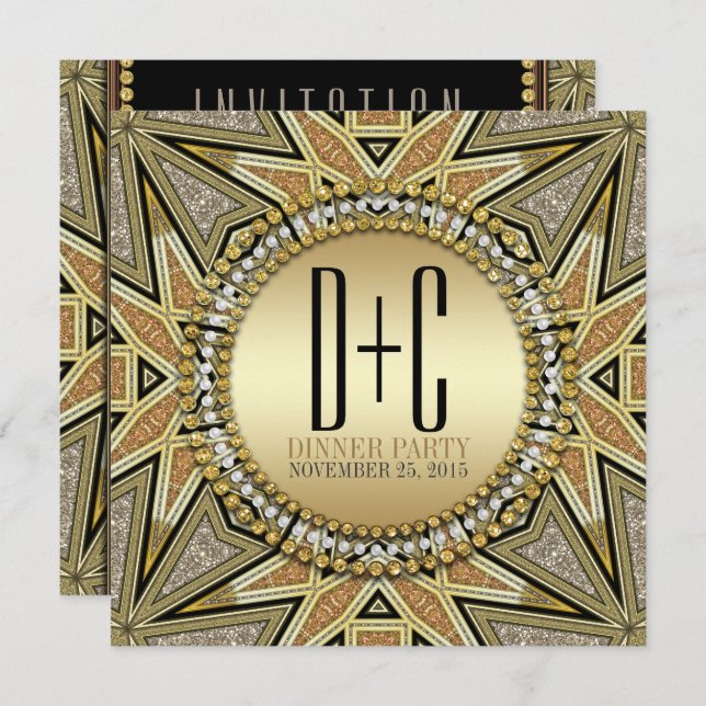 Invitation Cartons d'invitation de dîner dorés scintillants A (Devant / Derrière)