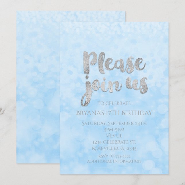 Invitation Cartons d'invitation de fête Glamour Bleu & Argent (Devant / Derrière)