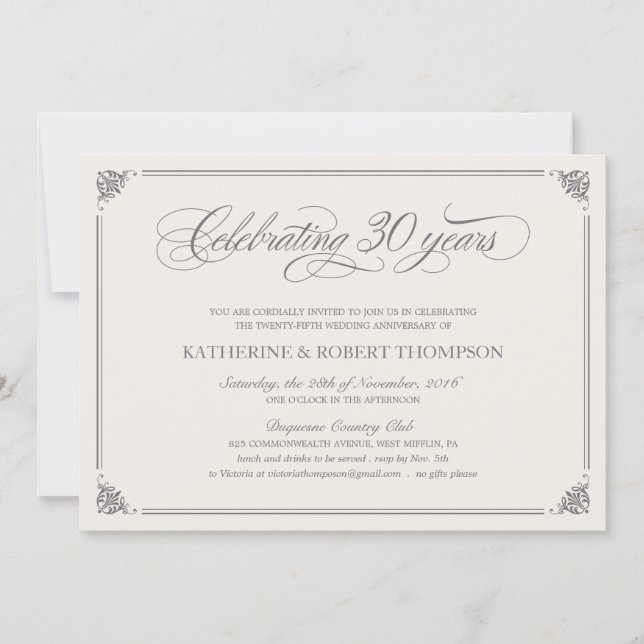 Invitation Cartons d'invitation formels pour le 30e anniversa (Devant)