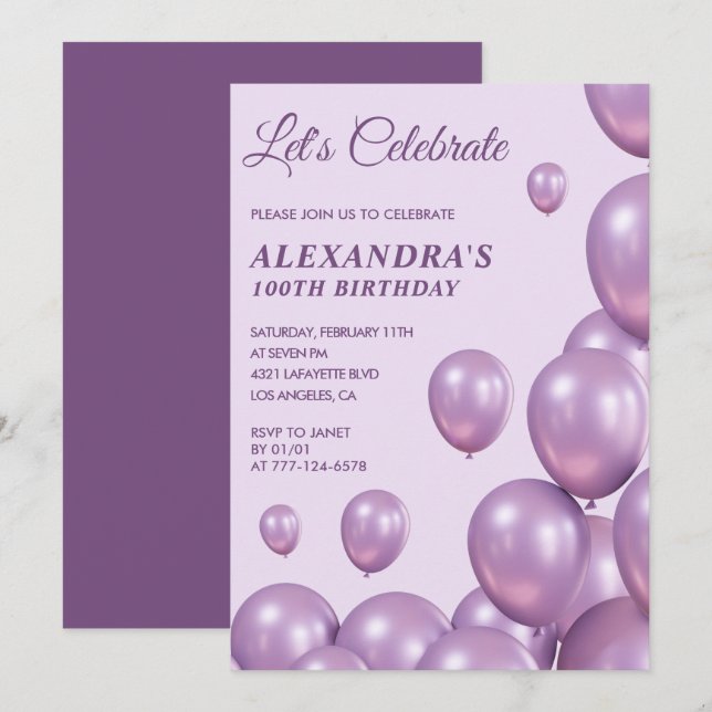 Invitation Cartons d'invitation pour 100e anniversaire Ballon (Devant / Derrière)