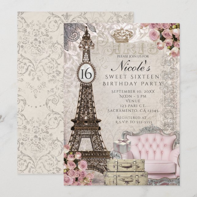 Invitation Cartons d'invitation pour fête avec la Tour Eiffel (Devant / Derrière)