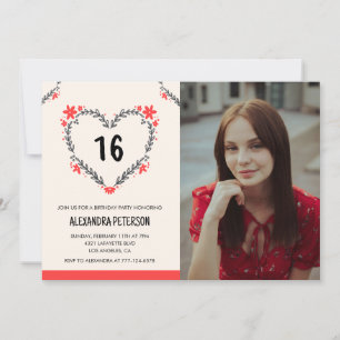 Invitation Cartons d'invitation pour ses 16 ans Fleur de cœur