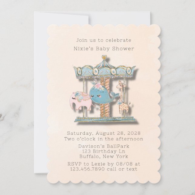 Invitation Cartoon Animaux Baby shower carrousel (Devant)
