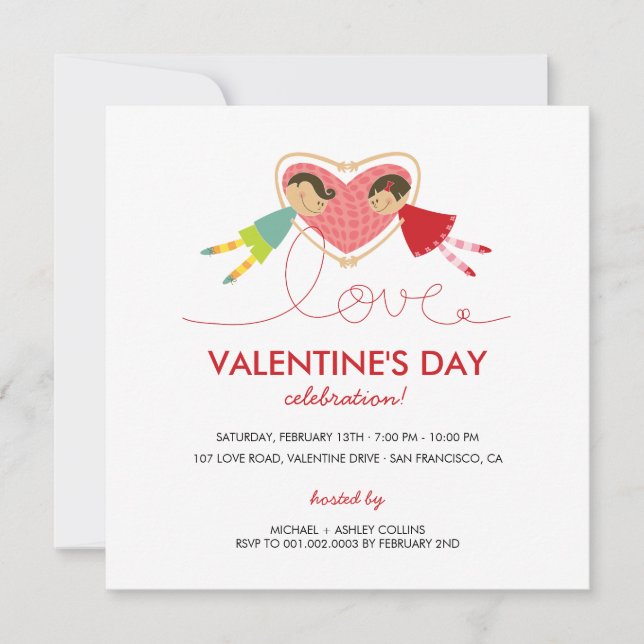 Invitation Cartoon Boy Hearts Girl Love Valentine Party Card (Devant)