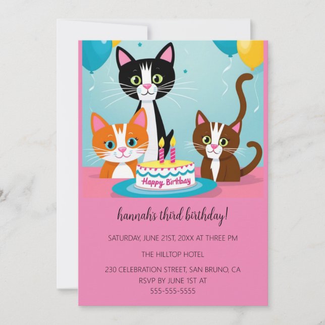 Invitation Cartoon Cats Purr-fect pour enfants fête d'anniver (Devant)