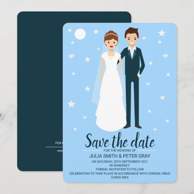 Invitation Cartoon Moderne Mariée & Salle Enregistrer La Date (Devant / Derrière)