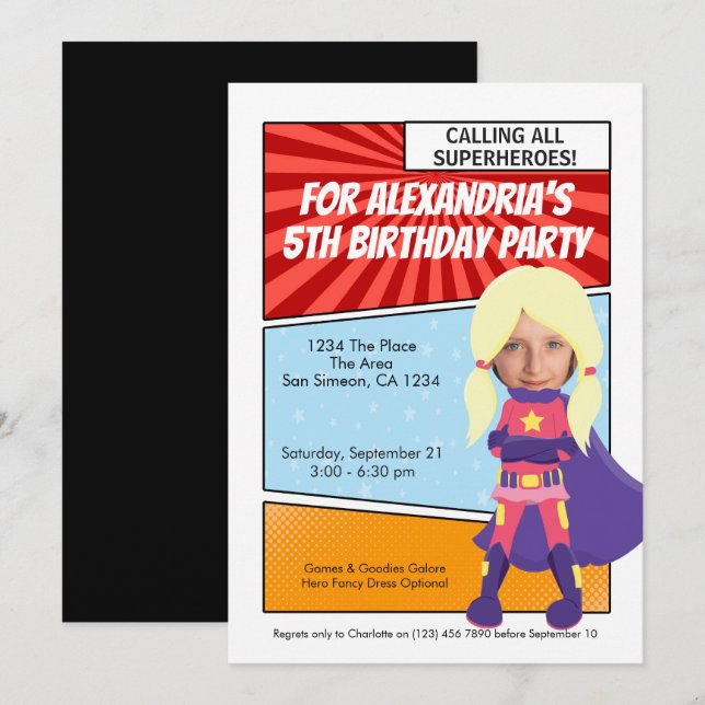 Invitation Cartoon Superhero Comic Birthday Party (blond) (Devant / Derrière)