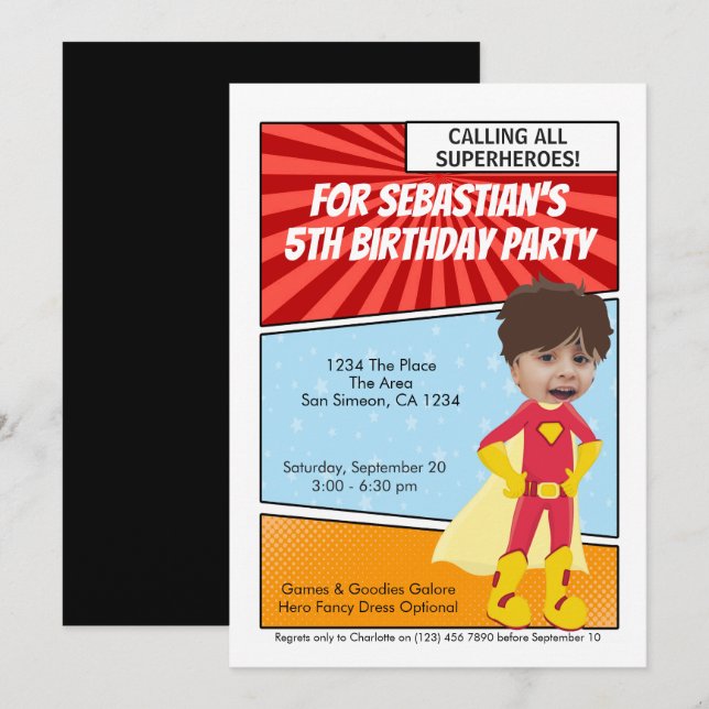 Invitation Cartoon Superhero Nouveauté Comique Anniversaire (Devant / Derrière)