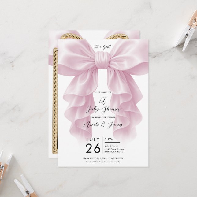 Invitation Cascade Rose Ruban Froncé Baby Shower Élégant  (Devant/Arrière en situation)