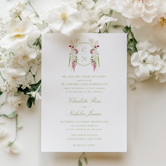 Invitation Cascading Floral Monogram Crest Wedding (Créateur téléchargé)