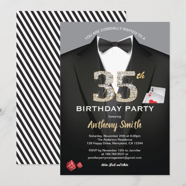 Invitation Casino 35ème anniversaire invitation. Noir et blan (Devant / Derrière)
