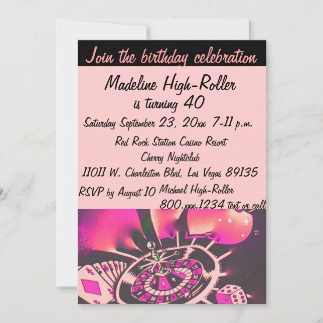 Invitation Casino de Las Vegas, fête d'anniversaire rose noir (Devant)