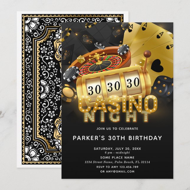 Invitation Casino Night Anniversaire Fête Black Gold (Devant / Derrière)