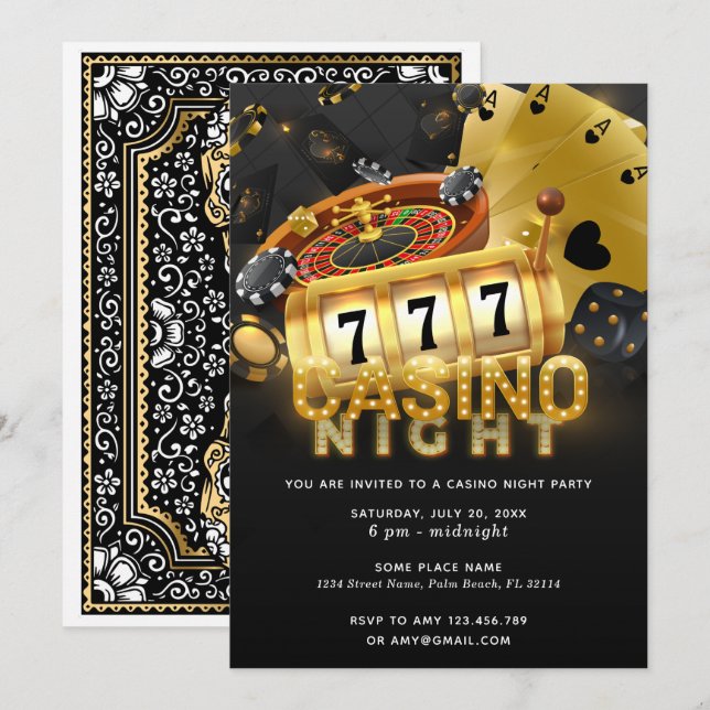Invitation Casino Night Party Black Gold (Devant / Derrière)