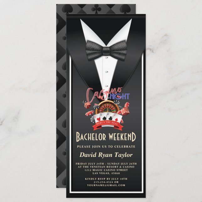 Invitation Casino unique nuit Tuxedo Bachelor Week-end (Devant / Derrière)