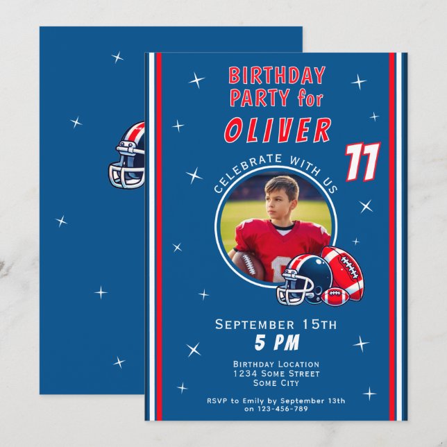 Invitation Casque de balle de football Caricature Photo Anniv (Devant / Derrière)