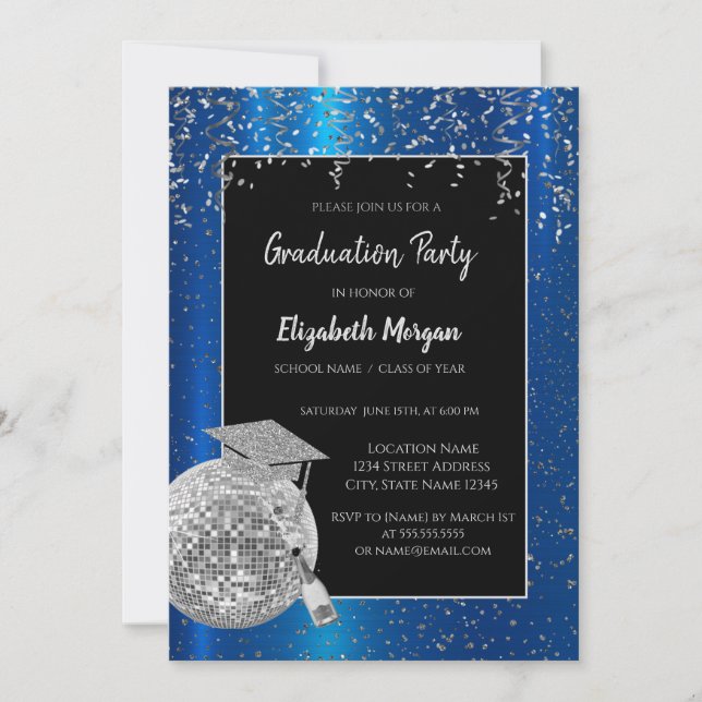 Invitation Casquette Argent, Confetti Boule Disco, Bleu Vin (Devant)