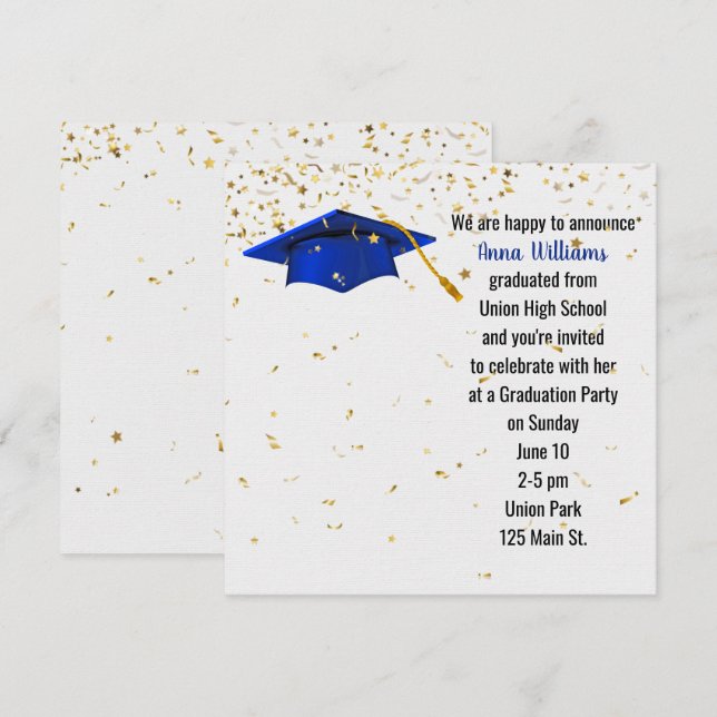 Invitation Casquette bleue avec Confetti Or (Devant / Derrière)