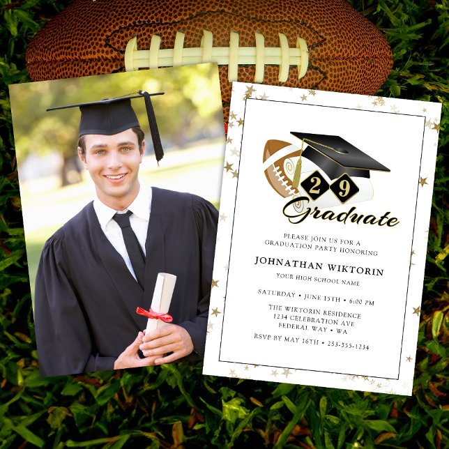 Invitation Casquette Classic Black Gold Football Photo (Classic Graduation Cap Black Gold Football Photo Invitation)