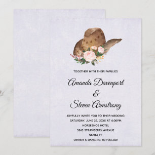 Invitation Casquette Cowboy Brown avec Mariage Fleurs roses