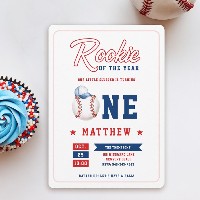 Invitation Casquette de baseball Rookie Blue Red Fun Boy 1er  (rookie of the year 1st birthday invite boy baseball theme sports all star red blue white milestone)
