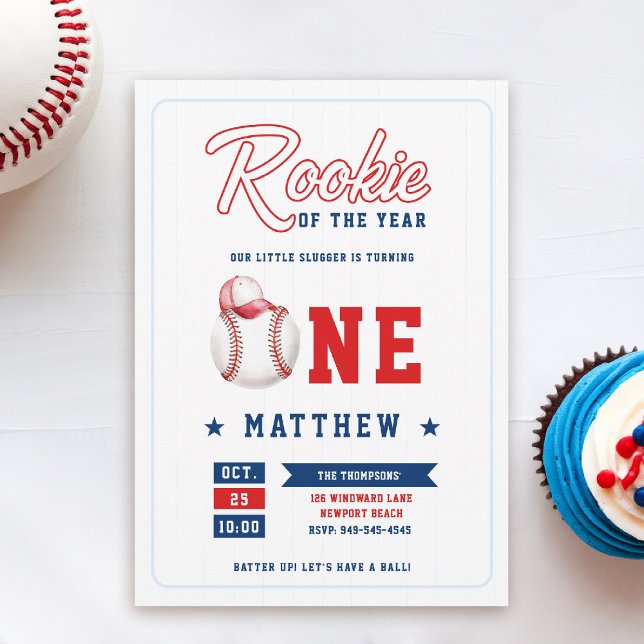 Invitation Casquette de baseball Rookie Stripes Blue Boy 1er  (rookie of the year 1st birthday invite boy baseball theme sports all star red blue stripes milestone)