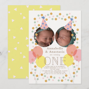 Invitation Casquette de fête et ballon photo Twin Girls 1er a