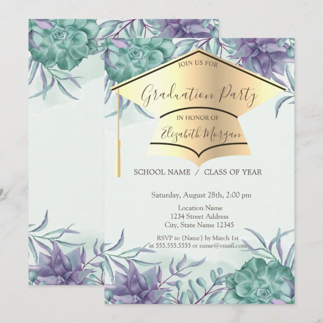 Invitation Casquette de grade d'or, Diplôme de réussite (Devant / Derrière)