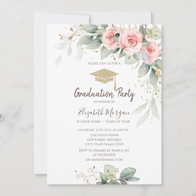 Invitation Casquette de grade, Fleurs bleues Graduation (Devant)