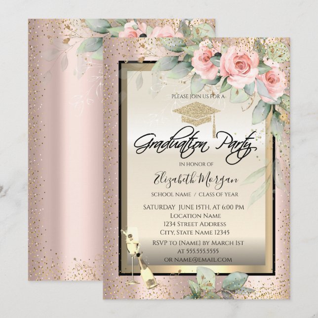 Invitation Casquette de grade, Verre à vin, Fleurs Rose Gold  (Devant / Derrière)