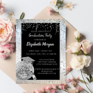 Invitation Casquette de graduation en argent, Confetti de bal
