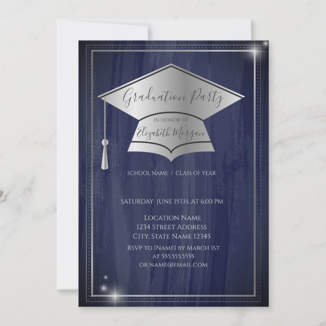 Invitation Casquette de graduation en argent simple, Bleu (Devant)